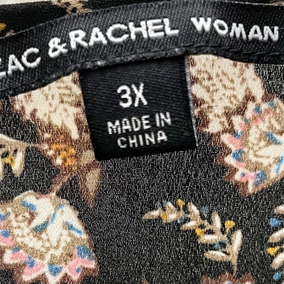 Zac & Rachel woman chiffon blouse in black with yellow, tan leaf pattern in 3X. - Picture 5 of 7